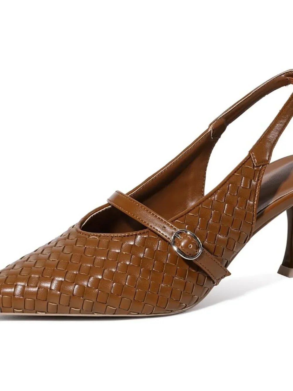 Women's Brown Slingback Stiletto Heels Closed Pointed Toe Buckle Strap Shoes